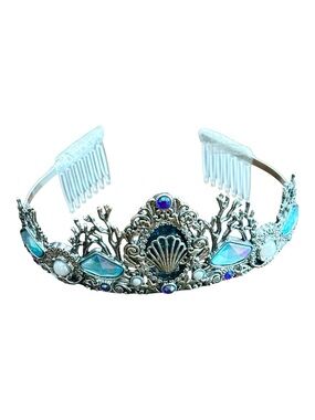 Disney Store Ariel Little Mermaid Metal Tiara Headband Silver Blue Shell Coral